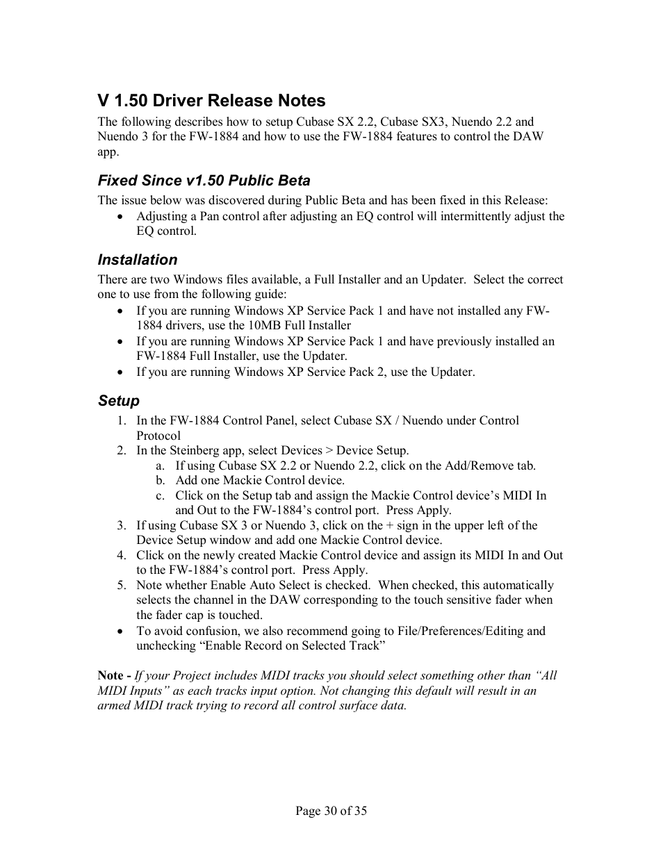 V 1.50 driver release notes, Ixed, Ince v | 50 p, Ublic, Nstallation, Etup | Tascam FW-1884 User Manual | Page 30 / 35