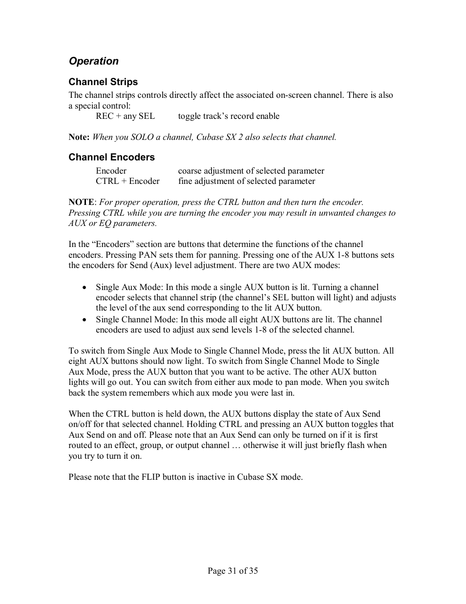 Peration, Channel strips channel encoders | Tascam FW-1884 User Manual | Page 31 / 35