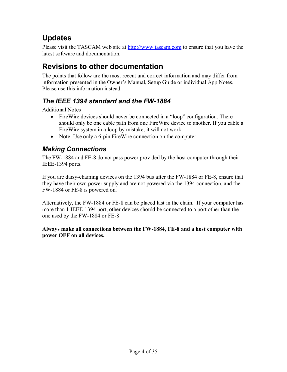 Updates, Revisions to other documentation, Ieee 1394 | Standard and the, Fw­1884, Aking, Onnections | Tascam FW-1884 User Manual | Page 4 / 35