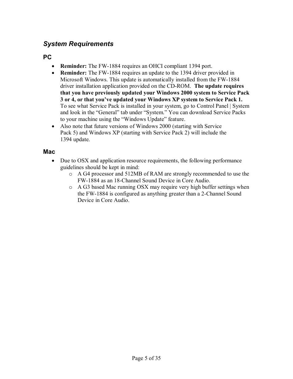 Ystem, Equirements, Pc mac | Tascam FW-1884 User Manual | Page 5 / 35