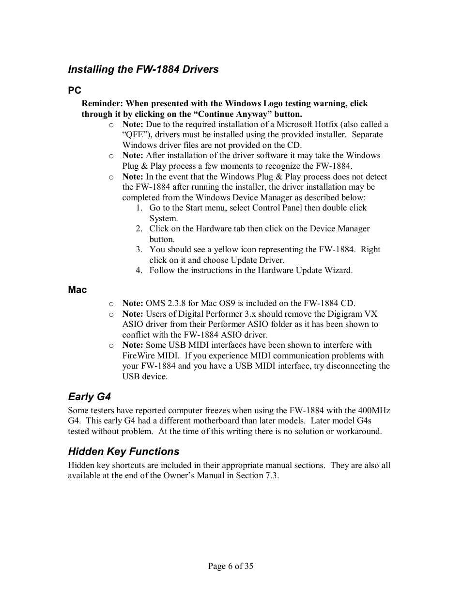 Nstalling the, Fw­1884 d, Rivers | Pc mac, Arly, Idden, Unctions | Tascam FW-1884 User Manual | Page 6 / 35