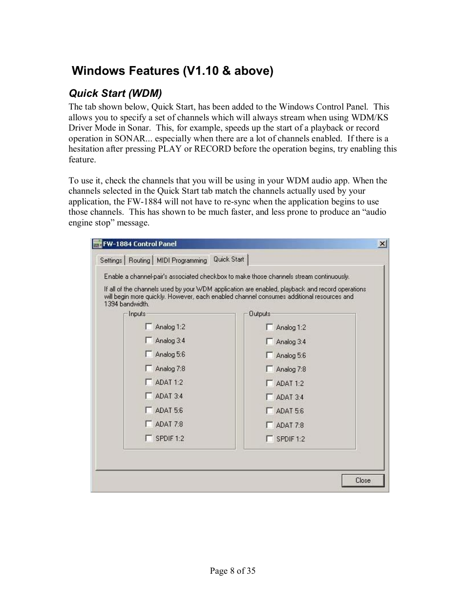 Windows features (v1.10 & above), Uick, Tart | Wdm) | Tascam FW-1884 User Manual | Page 8 / 35
