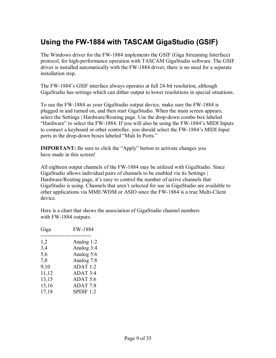 Using the fw­1884 with tascam gigastudio (gsif) | Tascam FW-1884 User Manual | Page 9 / 35