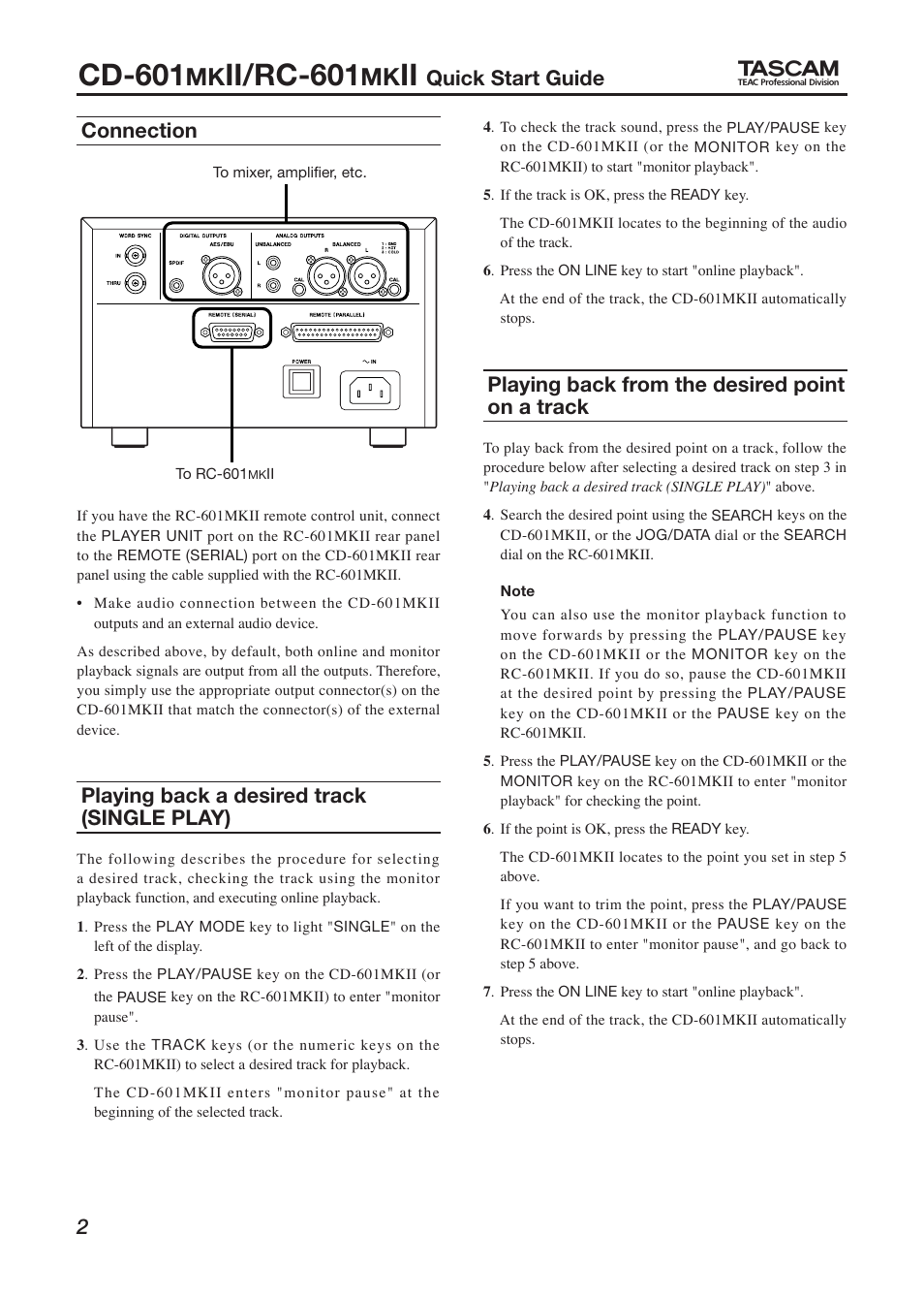 Cd-601, Ii/rc-601, Quick start guide | 2connection, Playing back a desired track (single play), Playing back from the desired point on a track | Tascam CD-601MKII User Manual | Page 2 / 4