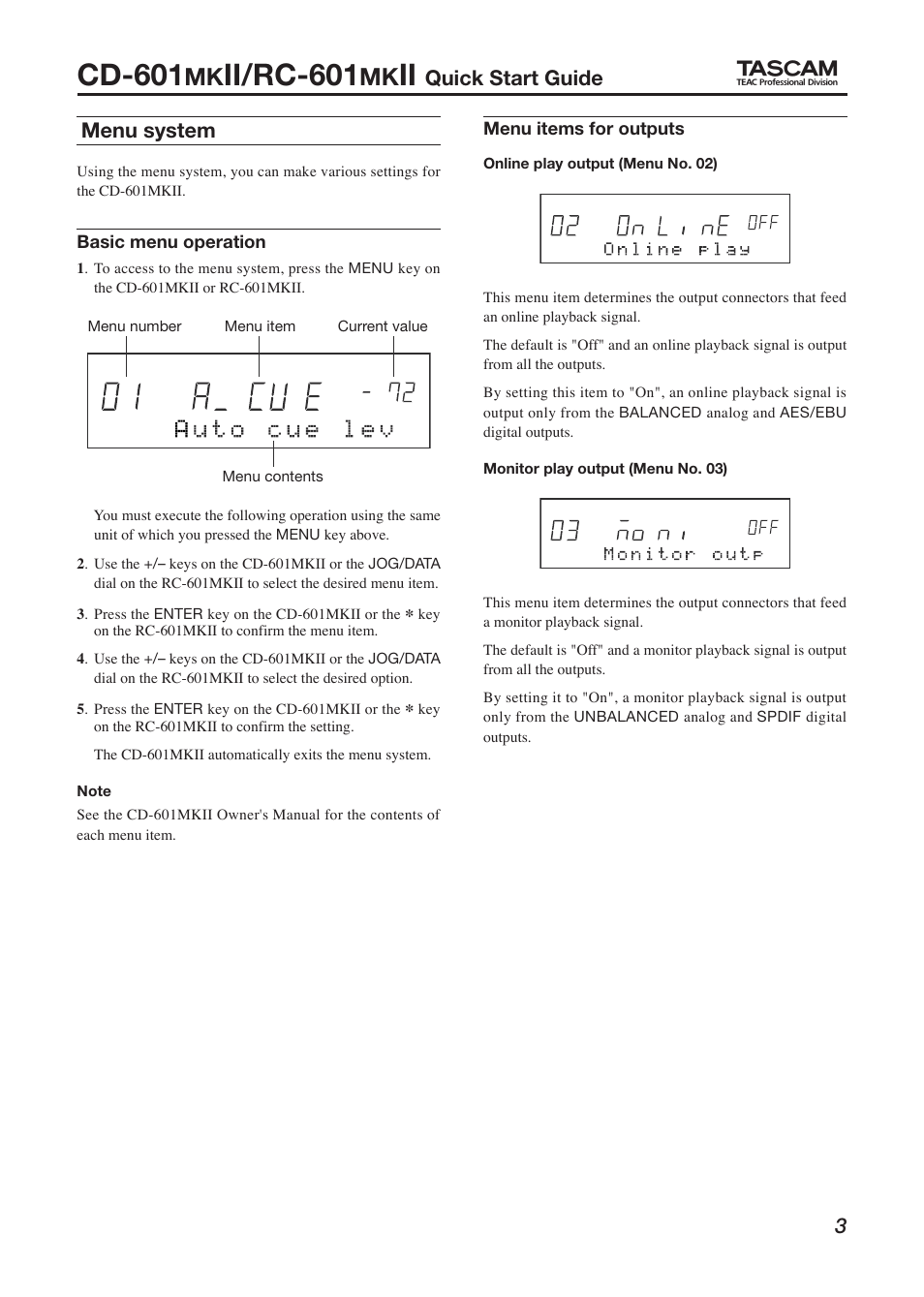 Cd-601, Ii/rc-601, Quick start guide | 3menu system | Tascam CD-601MKII User Manual | Page 3 / 4