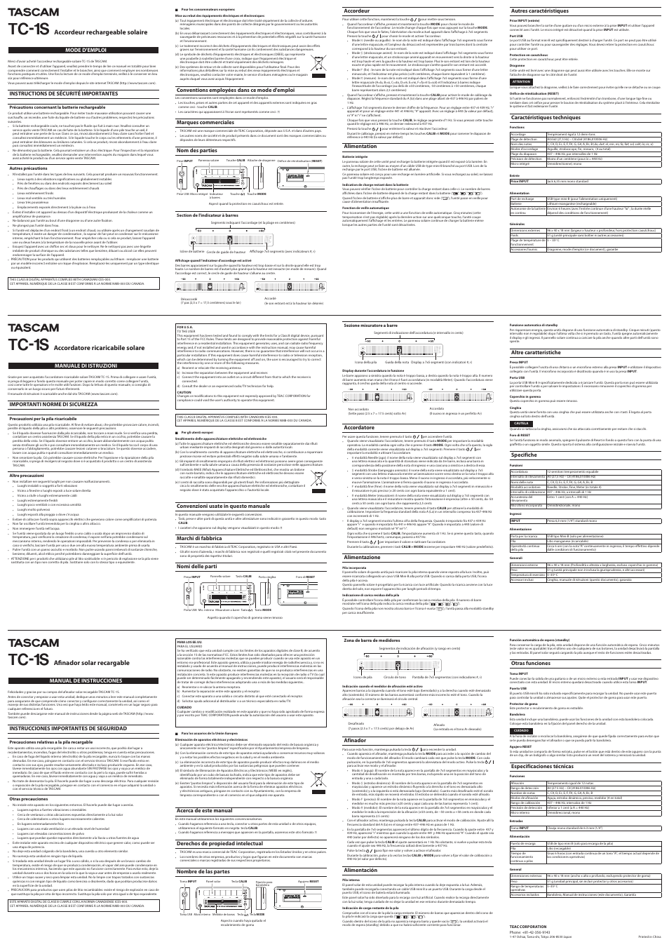 Tc-1s, Accordatore ricaricabile solare, Afinador solar recargable | Accordeur rechargeable solaire, Manuale di istruzioni, Importanti norme di sicurezza, Convenzioni usate in questo manuale, Marchi di fabbrica, Nomi delle parti, Accordatore | Tascam TC-1S User Manual | Page 2 / 2