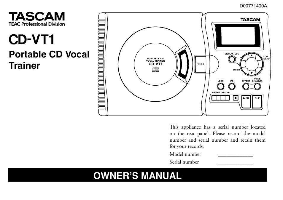 Tascam CD-VT1 User Manual | 16 pages