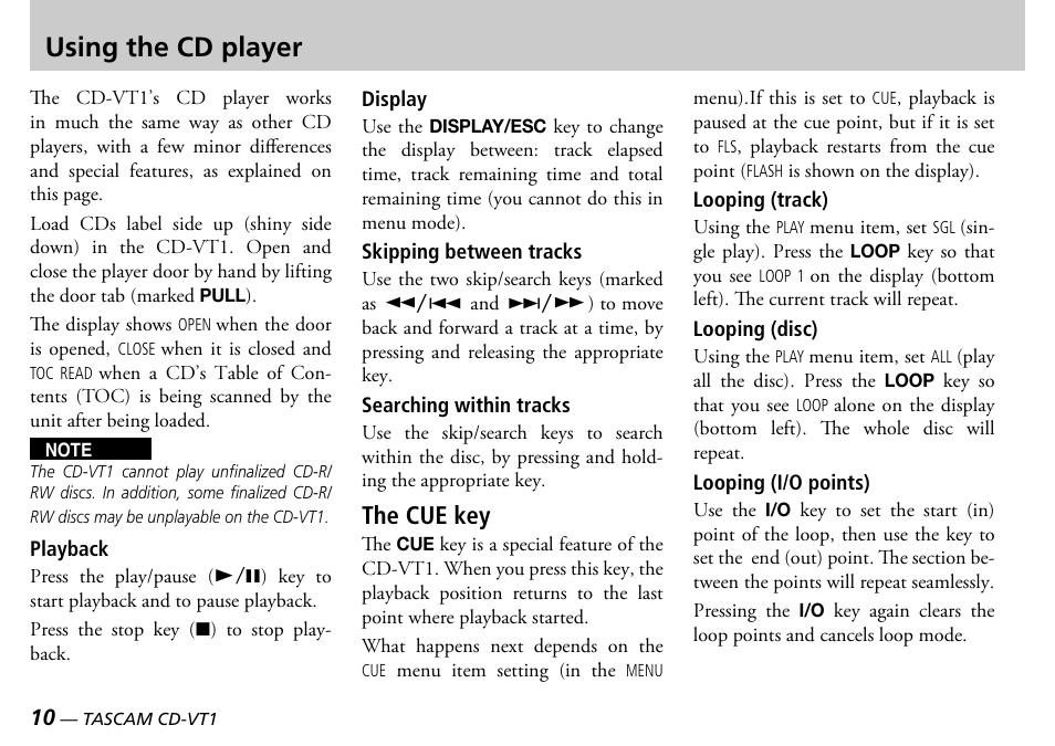 Using the cd player, The cue key | Tascam CD-VT1 User Manual | Page 10 / 16