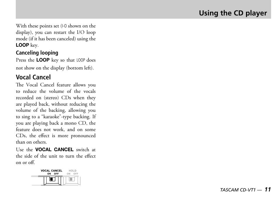 Using the cd player, Vocal cancel | Tascam CD-VT1 User Manual | Page 11 / 16