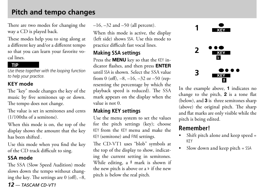 Pitch and tempo changes, Remember | Tascam CD-VT1 User Manual | Page 12 / 16