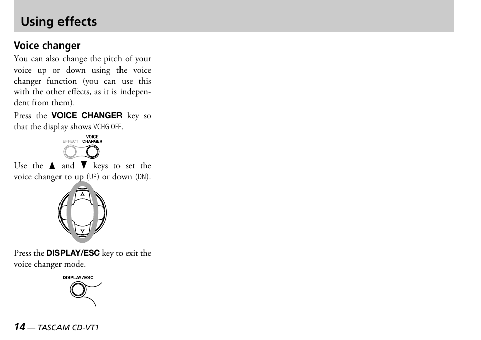 Using effects, Voice changer | Tascam CD-VT1 User Manual | Page 14 / 16