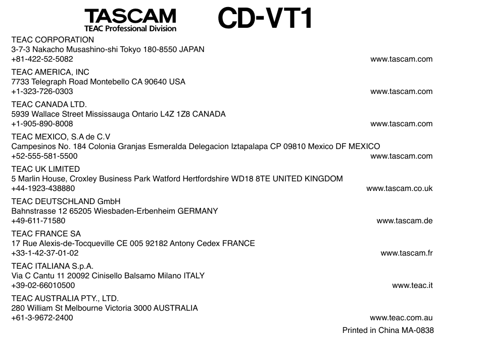 Cd-vt1 | Tascam CD-VT1 User Manual | Page 16 / 16