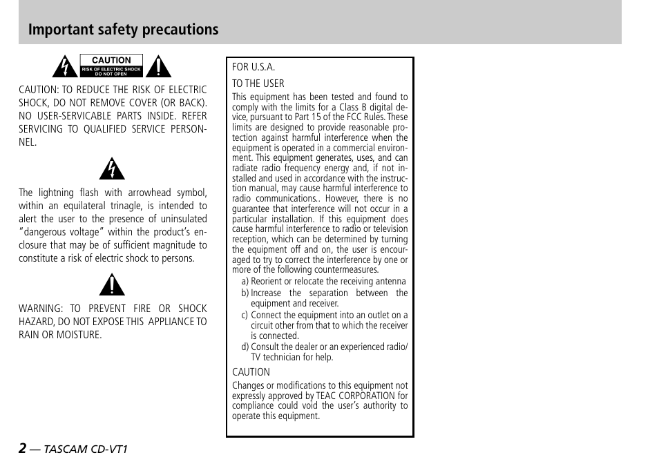 Important safety precautions | Tascam CD-VT1 User Manual | Page 2 / 16