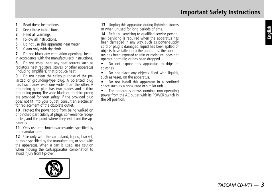 Important safety instructions | Tascam CD-VT1 User Manual | Page 3 / 16