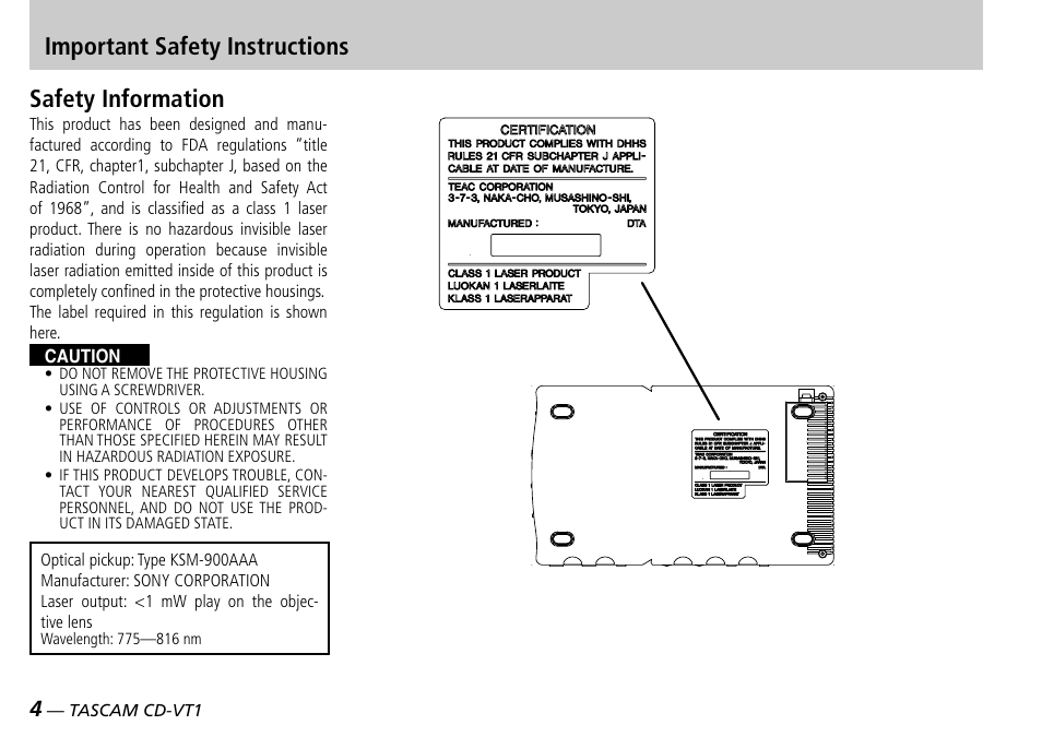 Safety information, Important safety instructions | Tascam CD-VT1 User Manual | Page 4 / 16