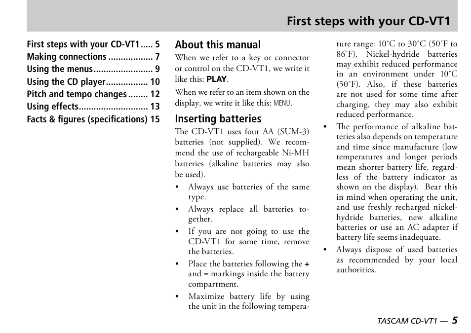 First steps with your cd-vt1, About this manual, Inserting batteries | Tascam CD-VT1 User Manual | Page 5 / 16