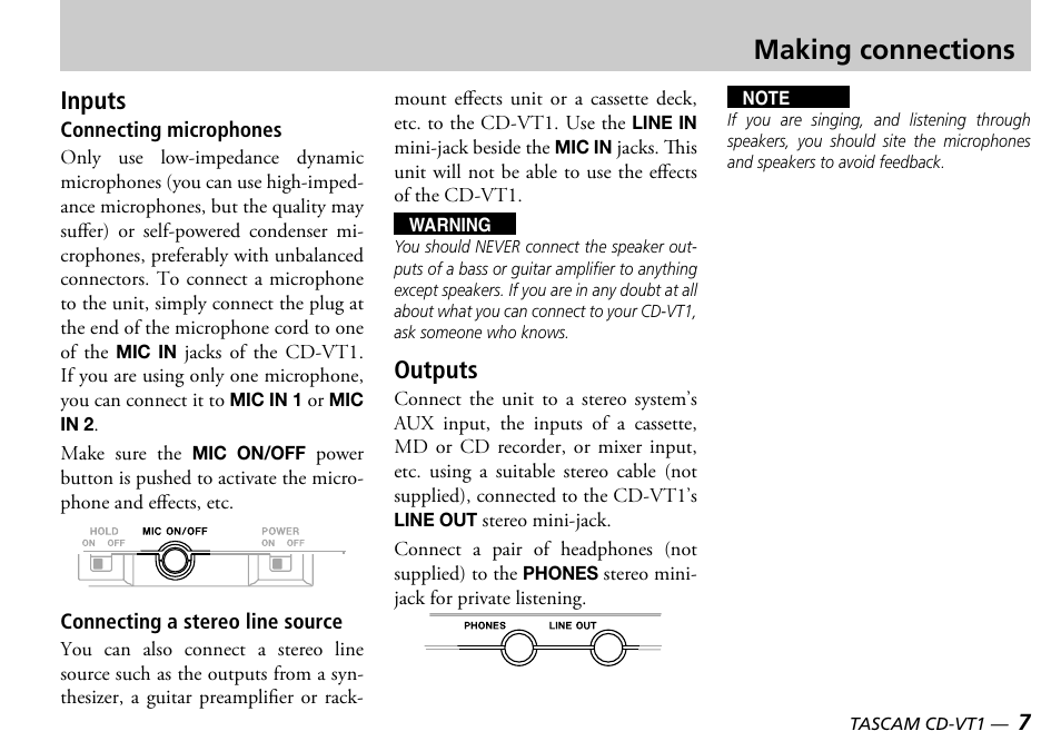 Making connections, Inputs, Outputs | Tascam CD-VT1 User Manual | Page 7 / 16