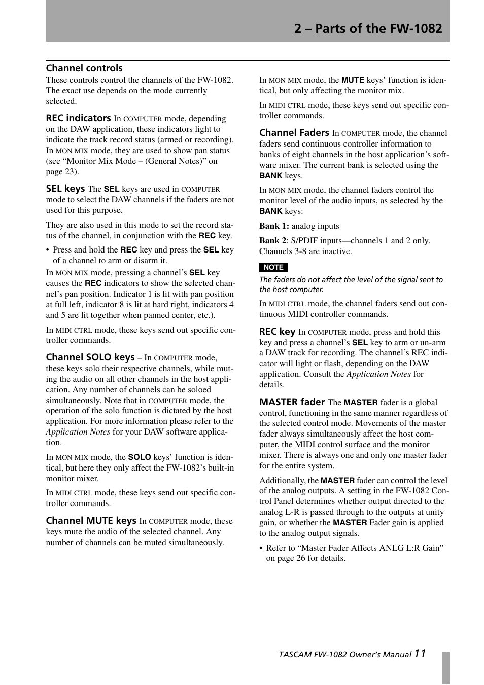 Channel controls, Rec indicators, Sel keys | Channel solo keys, Channel mute keys, Channel faders, Rec key, Master fader | Tascam FW-1082 User Manual | Page 11 / 36