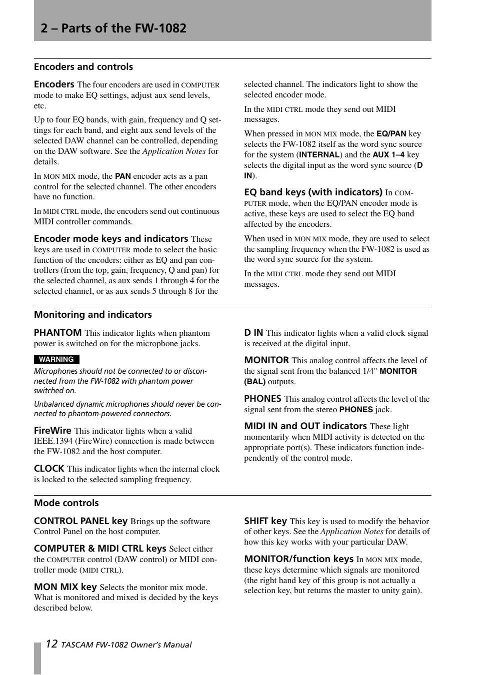 Encoders and controls, Encoders, Encoder mode keys and indicators | Eq band keys (with indicators), Monitoring and indicators, Phantom, Firewire, Clock, D in, Monitor | Tascam FW-1082 User Manual | Page 12 / 36