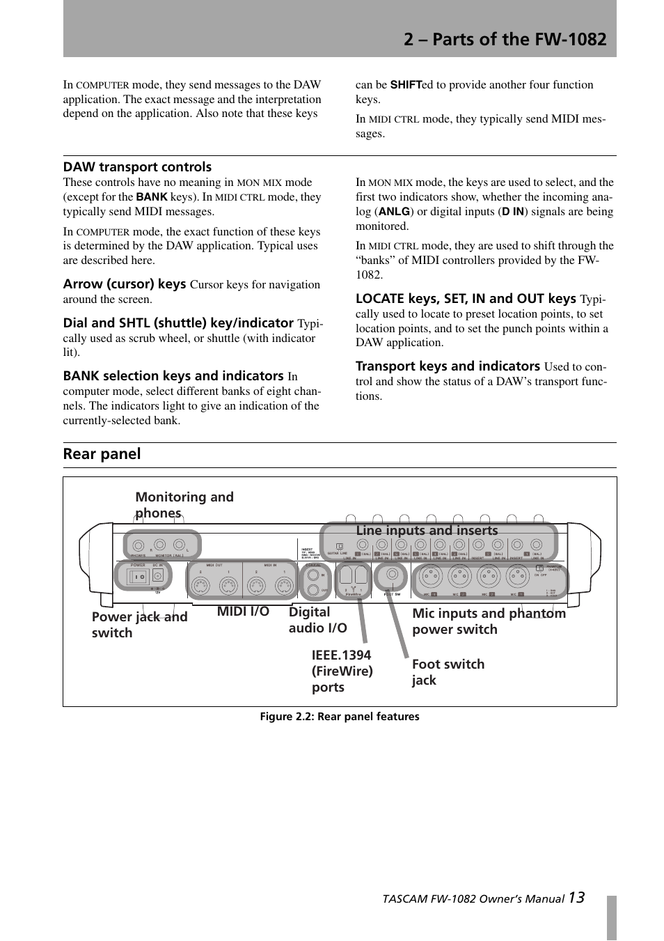 Daw transport controls, Arrow (cursor) keys, Dial and shtl (shuttle) key/indicator | Bank selection keys and indicators, Locate keys, set, in and out keys, Transport keys and indicators, Rear panel, Figure 2.2:rear panel features | Tascam FW-1082 User Manual | Page 13 / 36