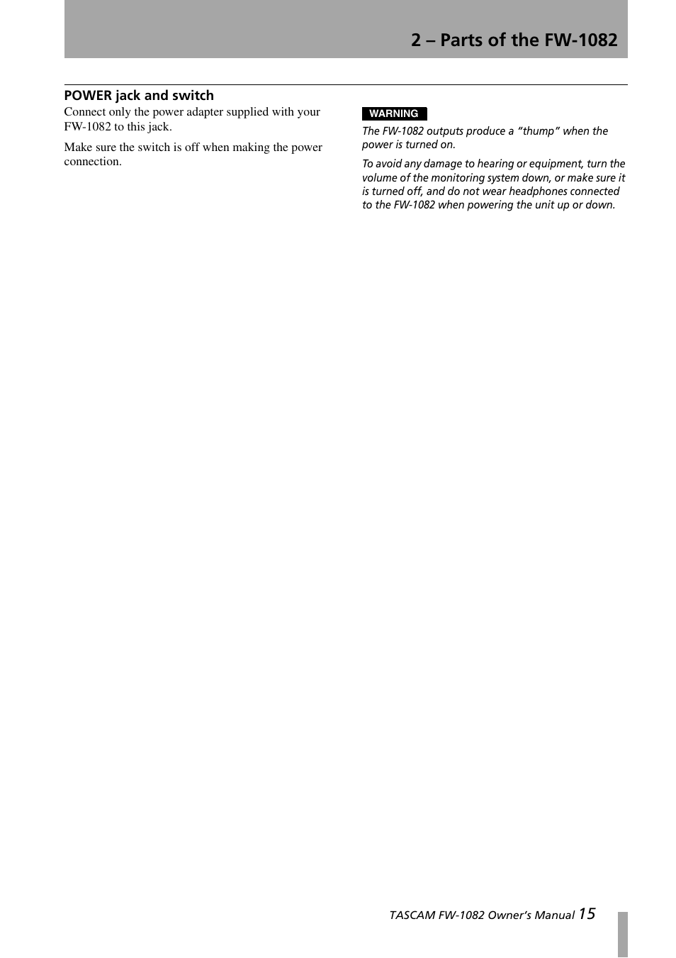 Power jack and switch | Tascam FW-1082 User Manual | Page 15 / 36