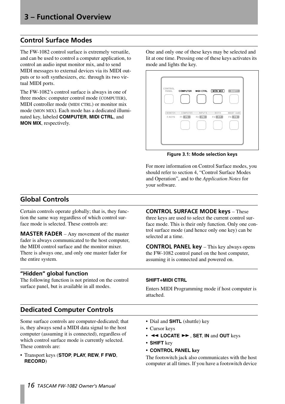 3 - functional overview, Control surface modes, Global controls | Master fader, Control surface mode keys, Control panel key, Hidden” global function, Dedicated computer controls, 3 – functional overview, Control surface modes global controls | Tascam FW-1082 User Manual | Page 16 / 36