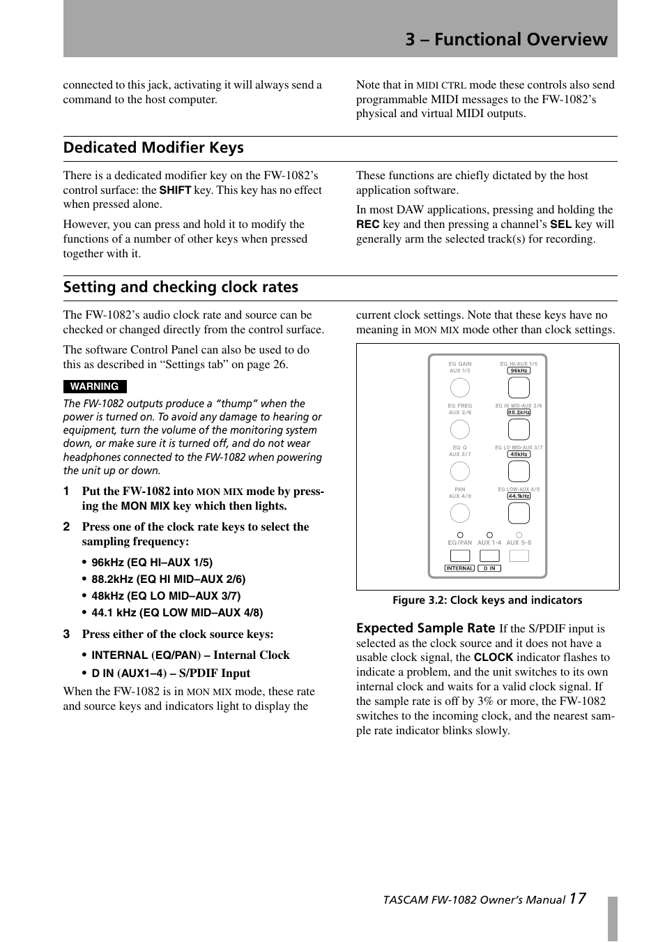 Dedicated modifier keys, Setting and checking clock rates, Expected sample rate | Dedicated modifier keys setting and checking clock, Figure 3.2:clock keys and indicators, 3 – functional overview | Tascam FW-1082 User Manual | Page 17 / 36