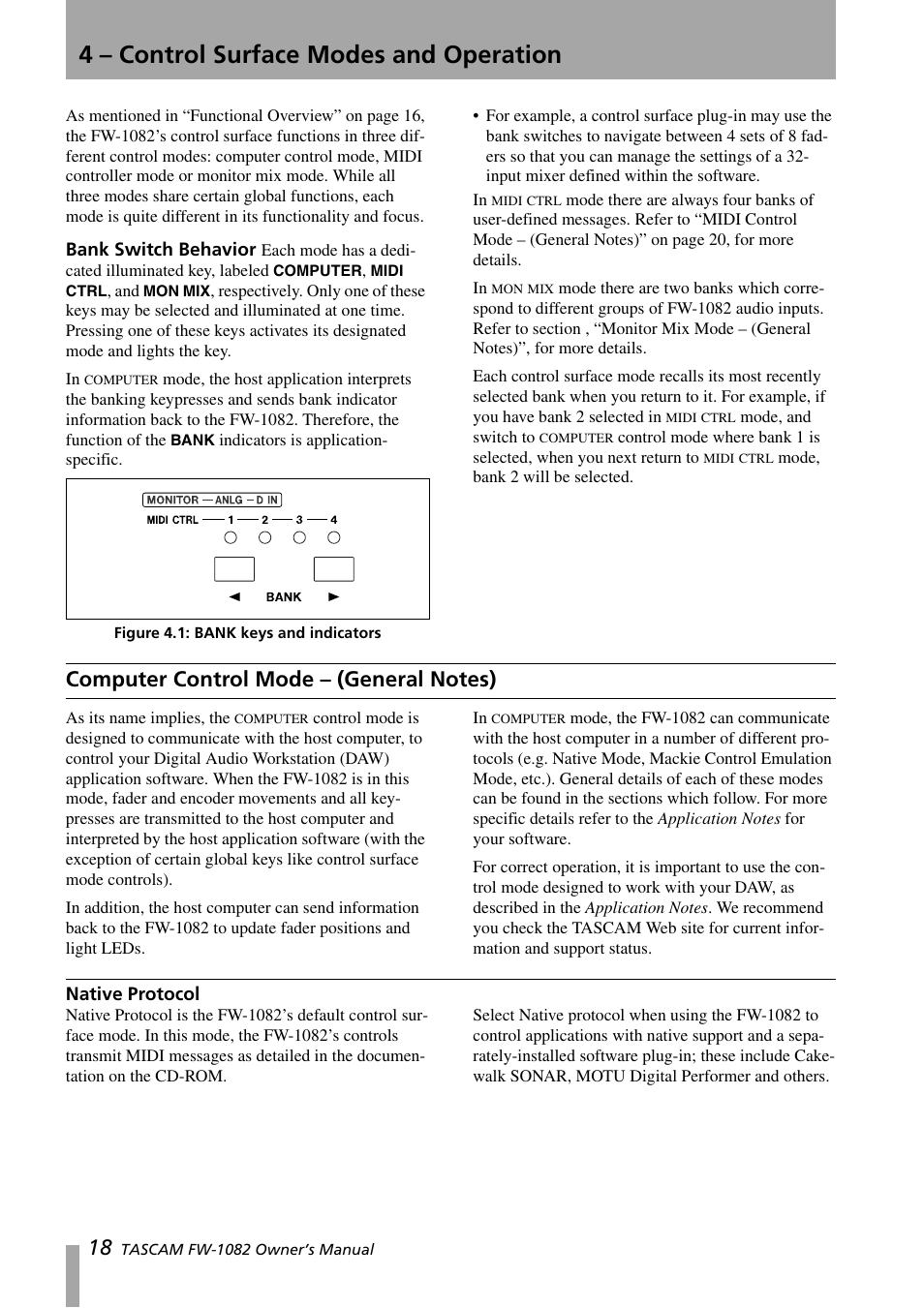 4 - control surface modes and operation, Bank switch behavior, Computer control mode - (general notes) | Native protocol, 4 – control surface modes and operation, Computer control mode – (general, Notes), 4 –control surface modes and operation, Figure 4.1:bank keys and indicators | Tascam FW-1082 User Manual | Page 18 / 36