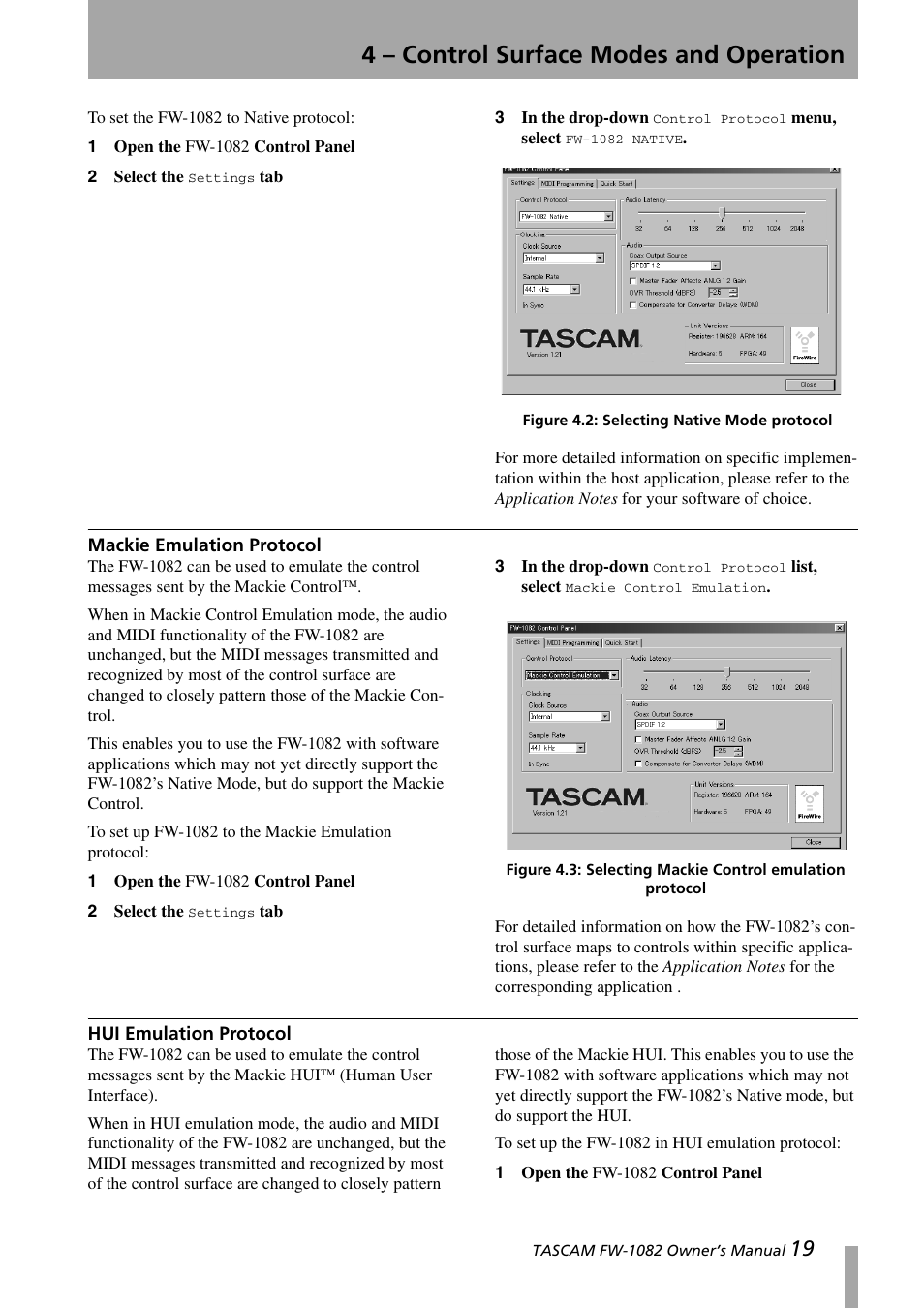 Mackie emulation protocol, Hui emulation protocol, Mackie emulation protocol hui emulation protocol | 4 – control surface modes and operation | Tascam FW-1082 User Manual | Page 19 / 36