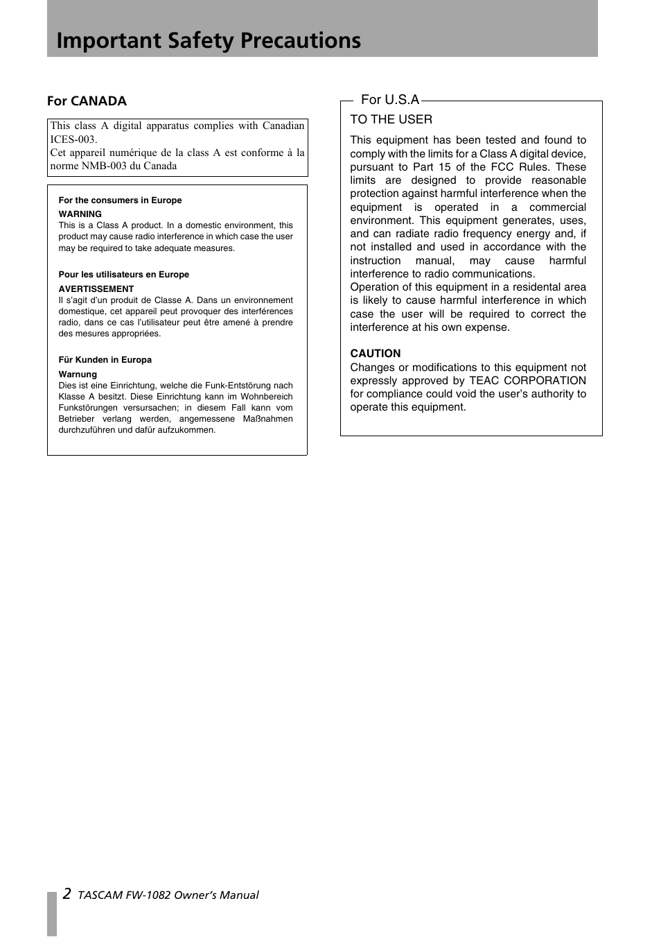 Important safety precautions | Tascam FW-1082 User Manual | Page 2 / 36
