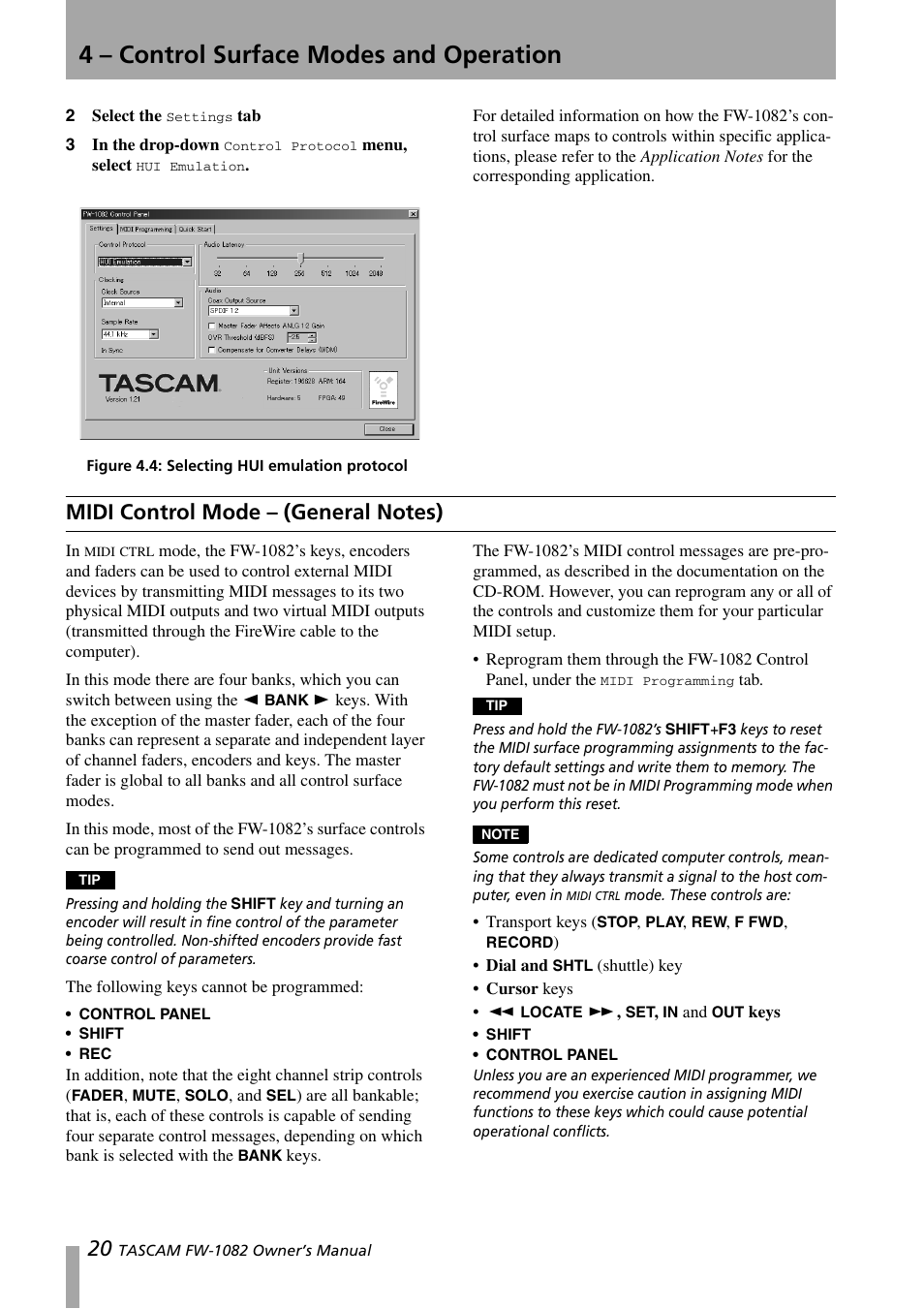Midi control mode - (general notes), Midi control mode – (general notes), Figure 4.4:selecting hui emulation protocol | 4 – control surface modes and operation | Tascam FW-1082 User Manual | Page 20 / 36