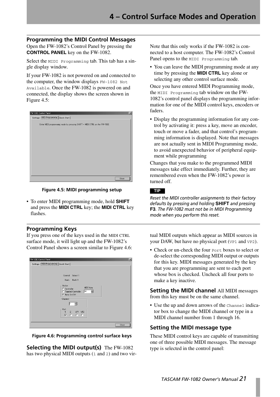 Programming the midi control messages, Programming keys, Selecting the midi output(s) | Setting the midi channel, Setting the midi message type, 4 – control surface modes and operation | Tascam FW-1082 User Manual | Page 21 / 36