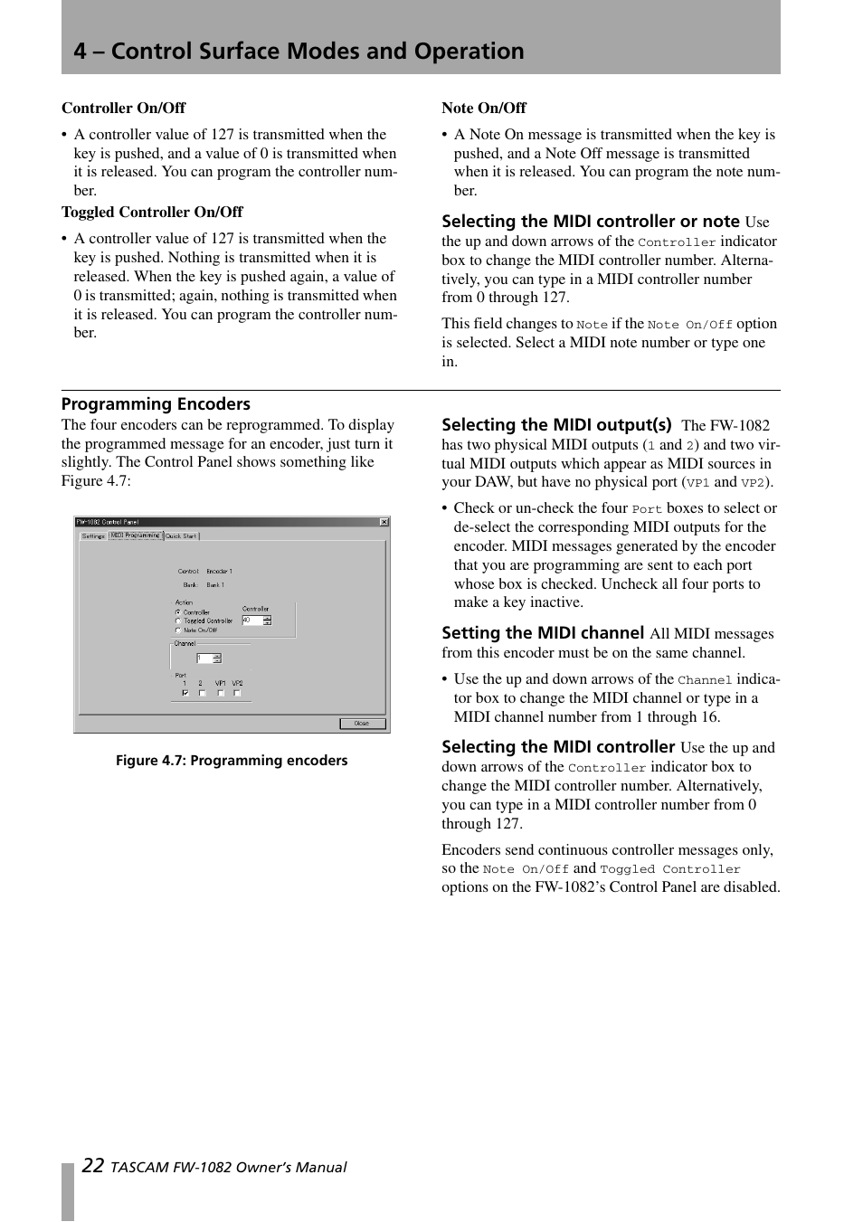 Selecting the midi controller or note, Programming encoders, Selecting the midi output(s) | Setting the midi channel, Selecting the midi controller, Figure 4.7:programming encoders, 4 – control surface modes and operation | Tascam FW-1082 User Manual | Page 22 / 36