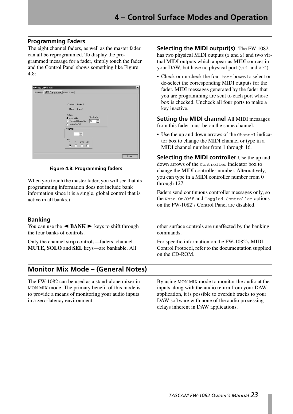 Programming faders, Selecting the midi output(s), Setting the midi channel | Selecting the midi controller, Banking, Monitor mix mode - (general notes), Monitor mix mode – (general notes), Figure 4.8:programming faders, 4 – control surface modes and operation | Tascam FW-1082 User Manual | Page 23 / 36