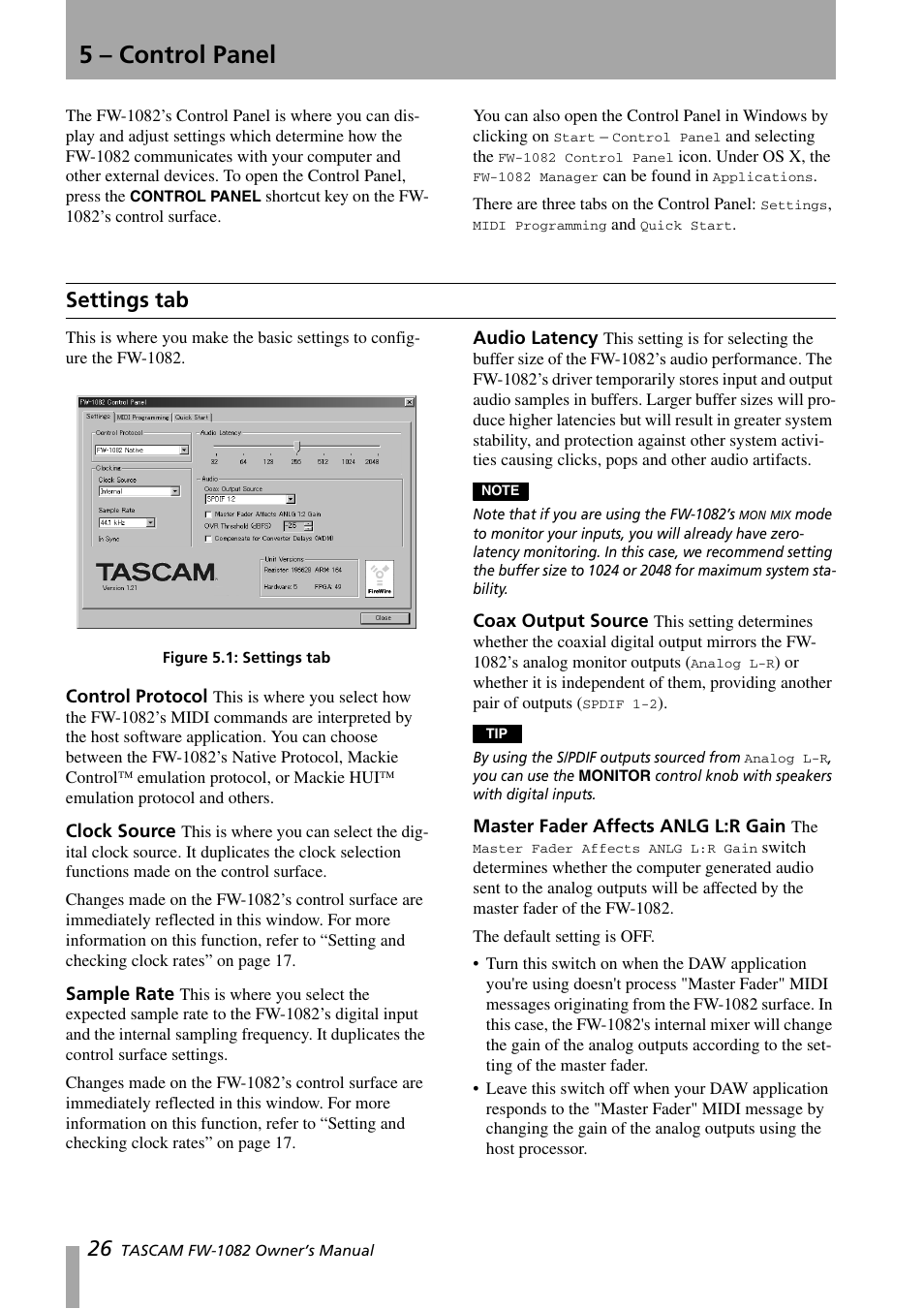 5 - control panel, Settings tab, Control protocol | Clock source, Sample rate, Audio latency, Coax output source, Master fader affects anlg l:r gain, 5 – control panel, 5 –control panel | Tascam FW-1082 User Manual | Page 26 / 36