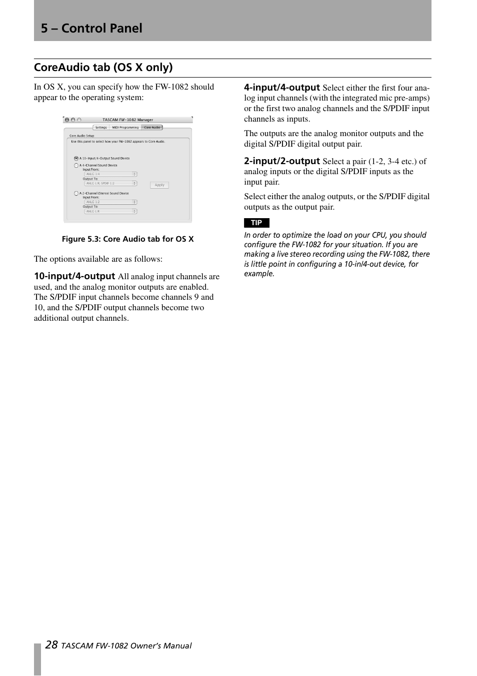 Coreaudio tab (os x only), Input/4-output, Input/2-output | Input/4-output 4-input/4-output 2-input/2-output, Figure 5.3:core audio tab for os x, 5 – control panel | Tascam FW-1082 User Manual | Page 28 / 36