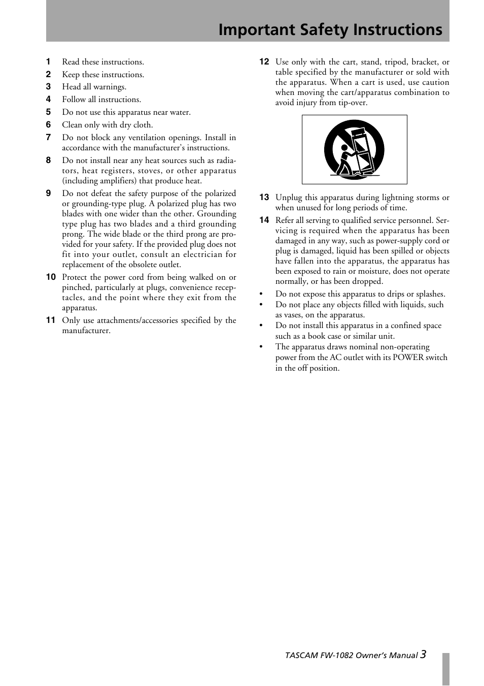 Important safety instructions | Tascam FW-1082 User Manual | Page 3 / 36