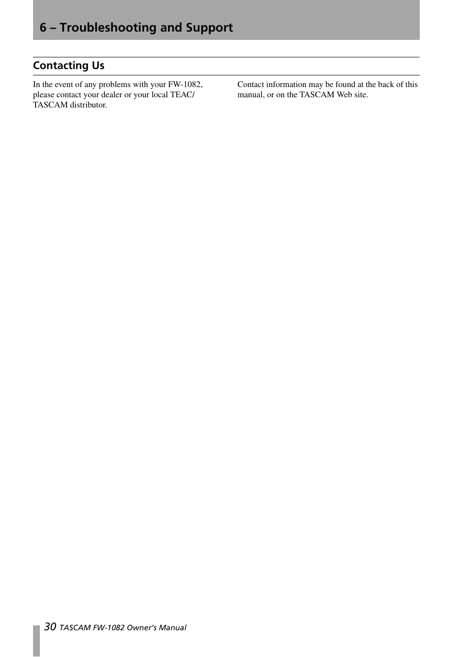 Contacting us, 6 – troubleshooting and support | Tascam FW-1082 User Manual | Page 30 / 36