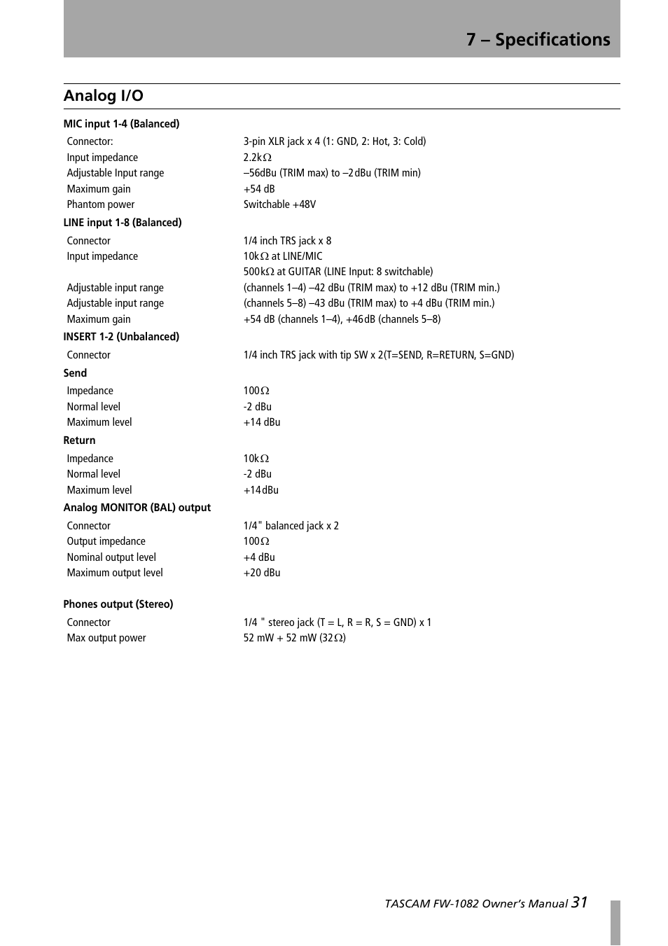 7 - specifications, Analog i/o, 7 – specifications | 7 –specifications | Tascam FW-1082 User Manual | Page 31 / 36