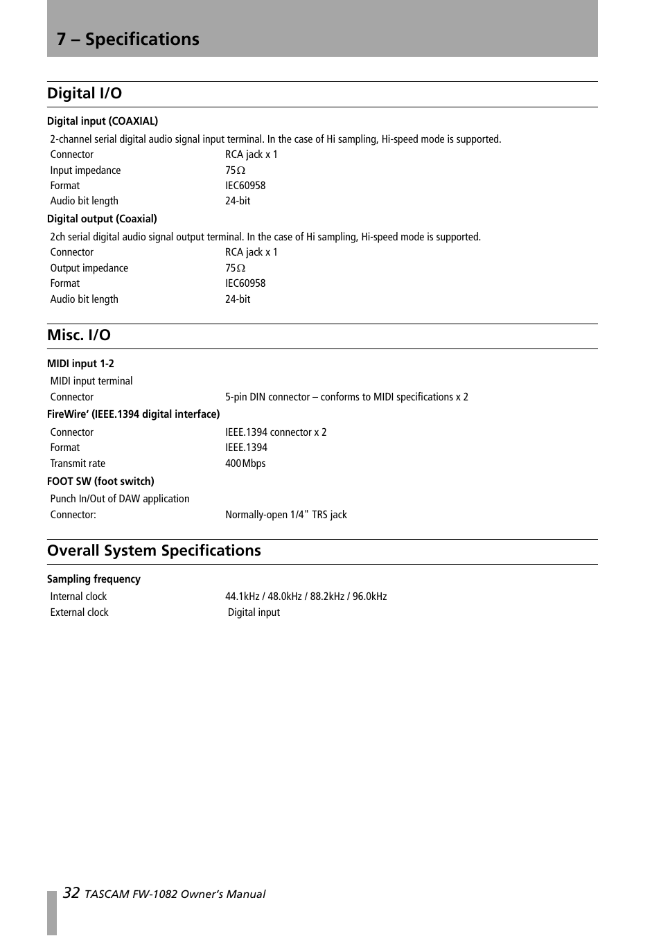 Digital i/o, Misc. i/o, Overall system specifications | 7 – specifications | Tascam FW-1082 User Manual | Page 32 / 36
