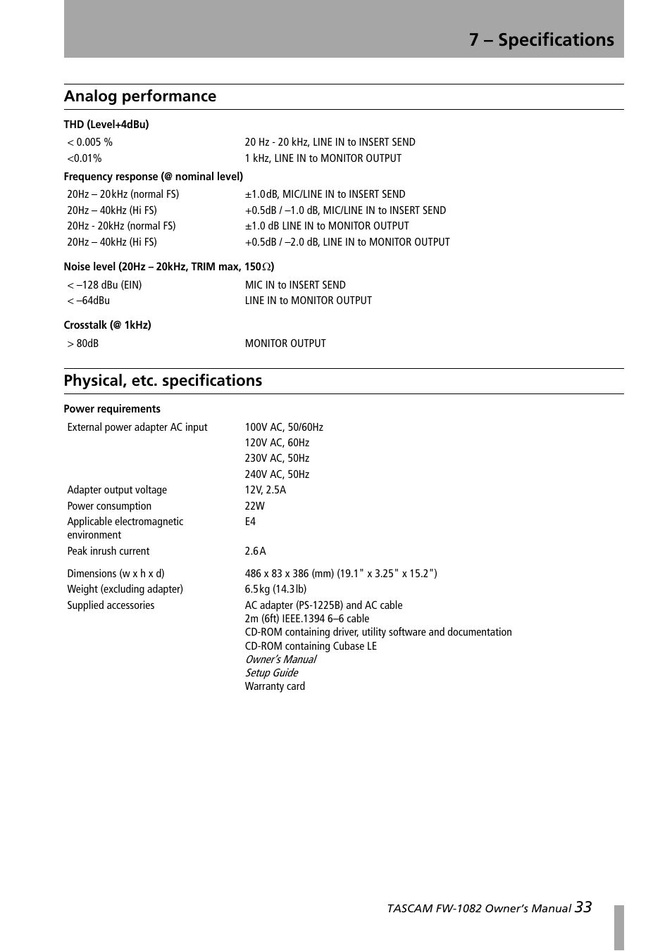 Analog performance, Physical, etc. specifications, Analog performance physical, etc. specifications | 7 – specifications | Tascam FW-1082 User Manual | Page 33 / 36