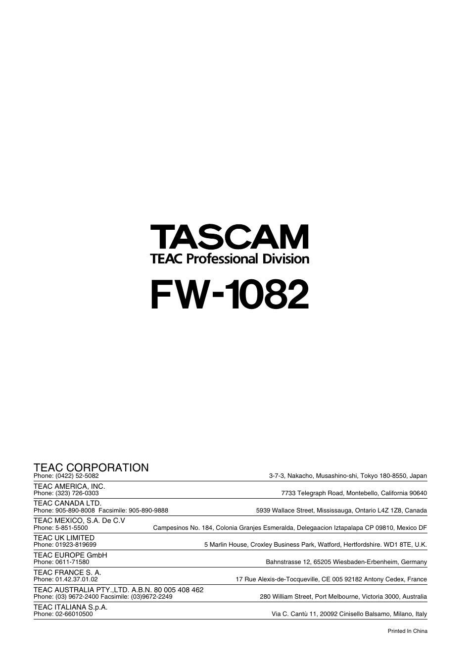 Fw-1082, Teac corporation | Tascam FW-1082 User Manual | Page 36 / 36