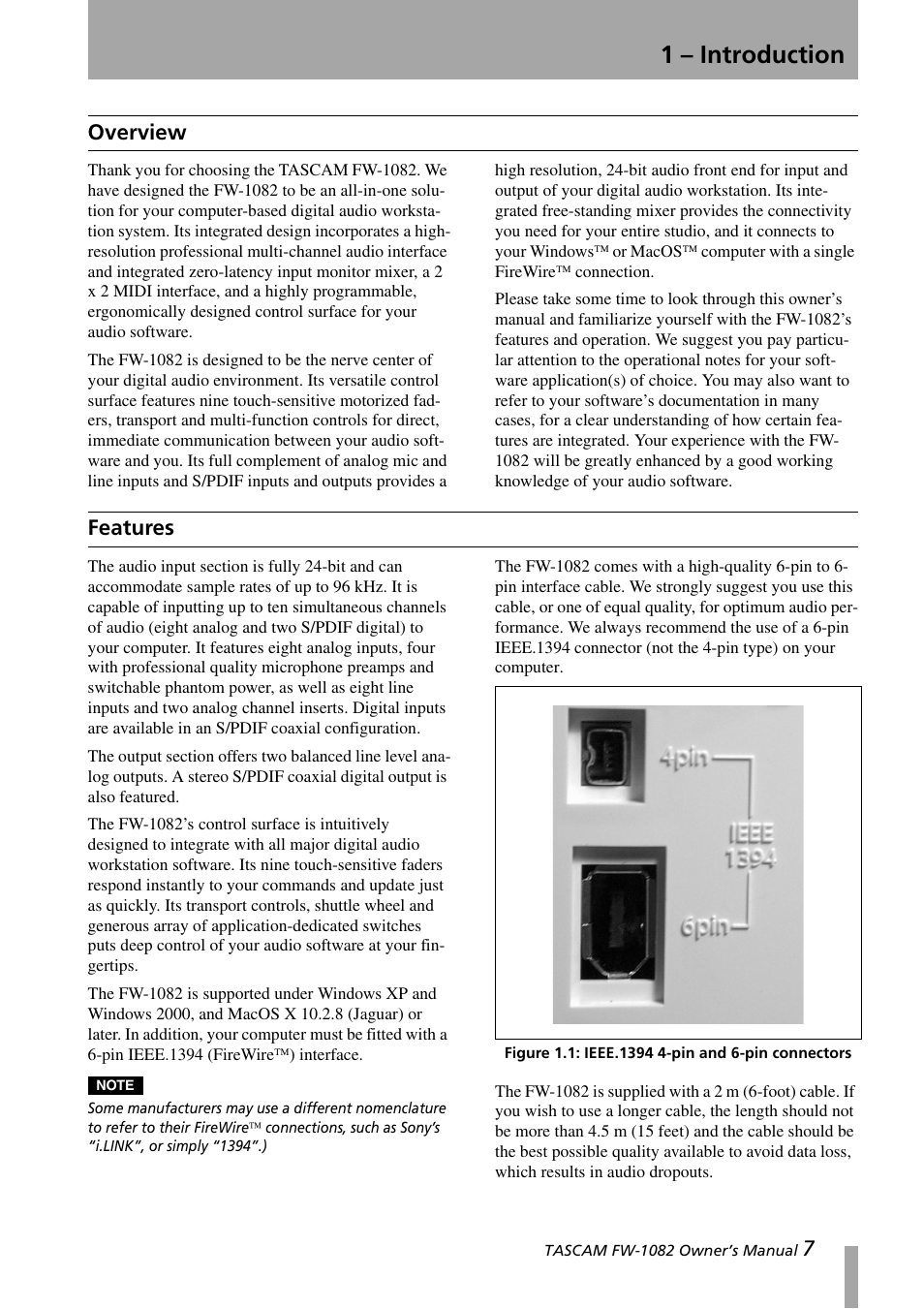 1 - introduction, Overview, Features | 1 – introduction, Overview features, 1 –introduction, Figure 1.1:ieee.1394 4-pin and 6-pin connectors | Tascam FW-1082 User Manual | Page 7 / 36