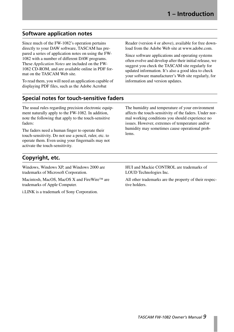 Software application notes, Special notes for touch-sensitive faders, Copyright, etc | 1 – introduction | Tascam FW-1082 User Manual | Page 9 / 36