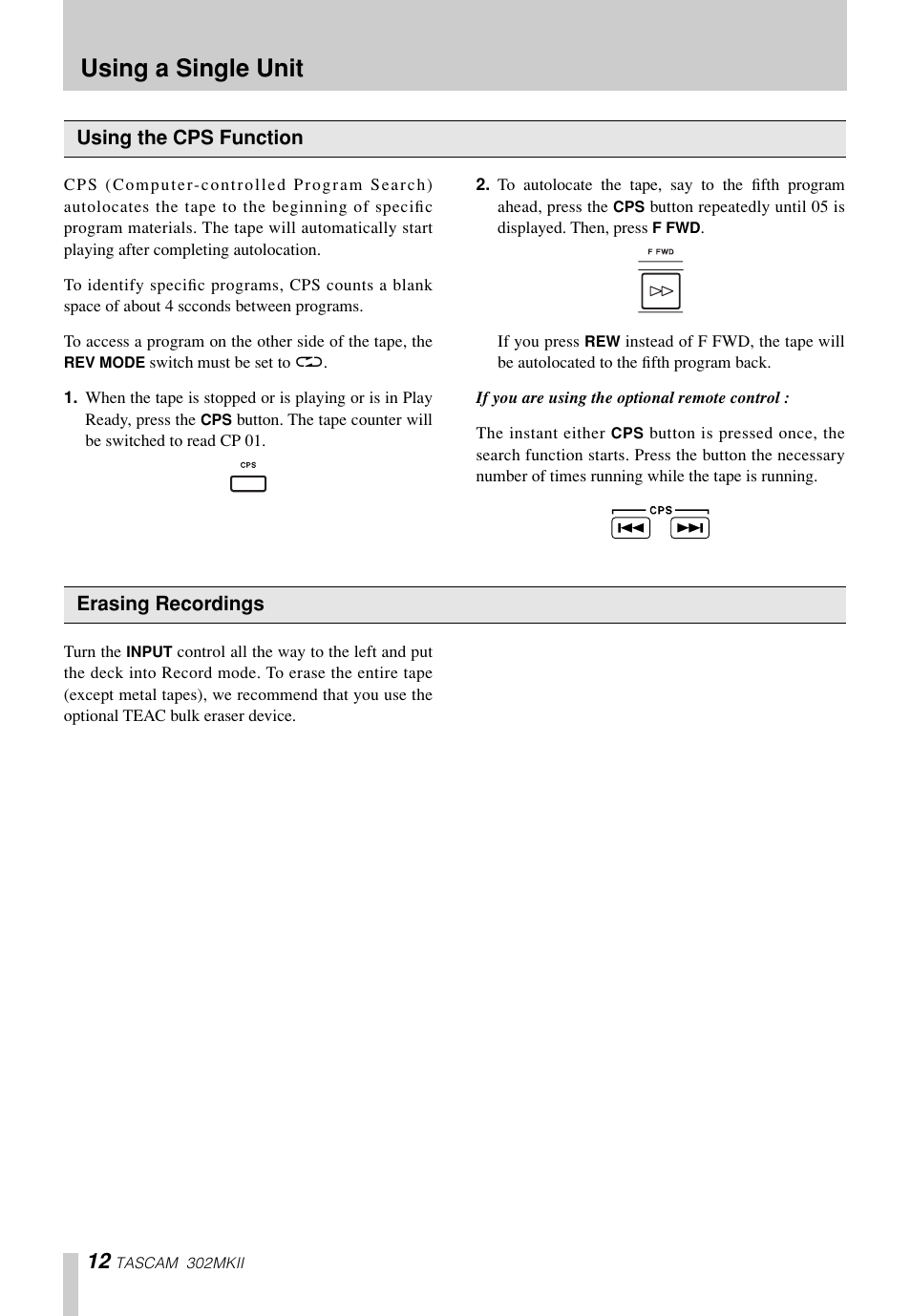 Using a single unit | Tascam 302mkII User Manual | Page 12 / 20