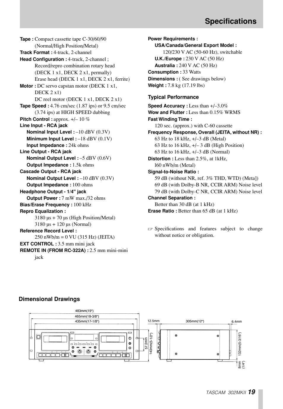 Specifications | Tascam 302mkII User Manual | Page 19 / 20