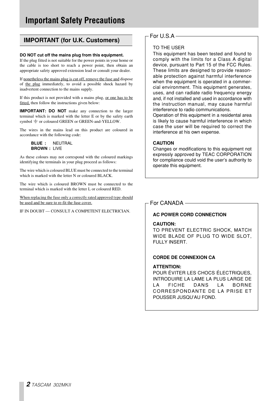 Important safety precautions, Important (for u.k. customers) | Tascam 302mkII User Manual | Page 2 / 20