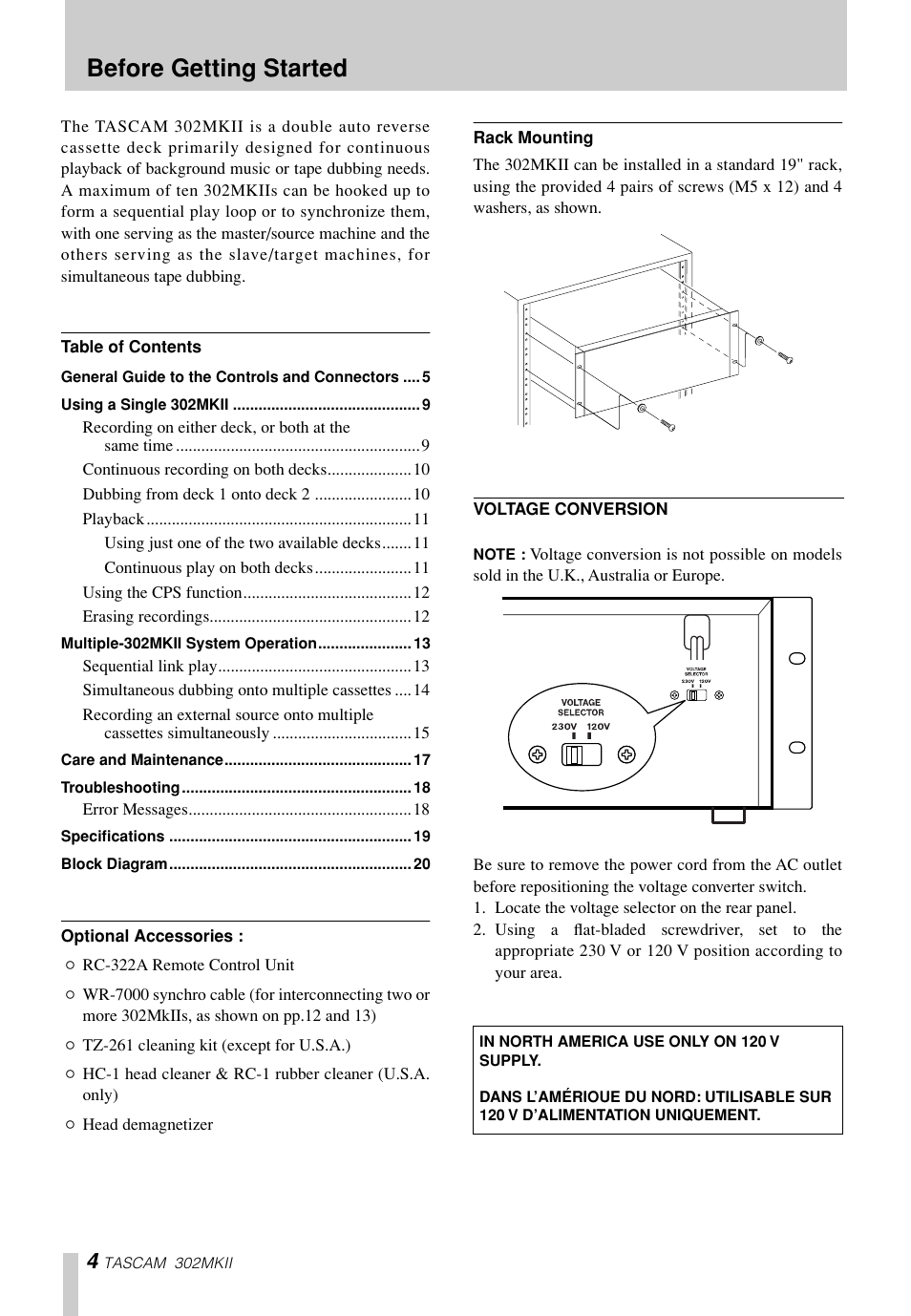 Before getting started | Tascam 302mkII User Manual | Page 4 / 20