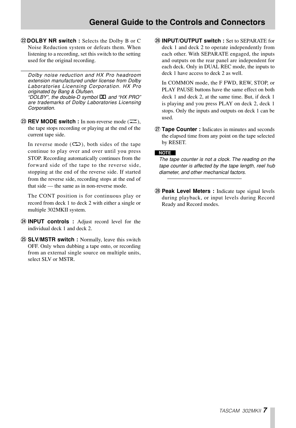 General guide to the controls and connectors | Tascam 302mkII User Manual | Page 7 / 20