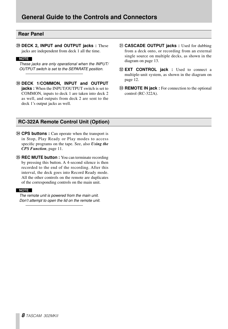General guide to the controls and connectors | Tascam 302mkII User Manual | Page 8 / 20